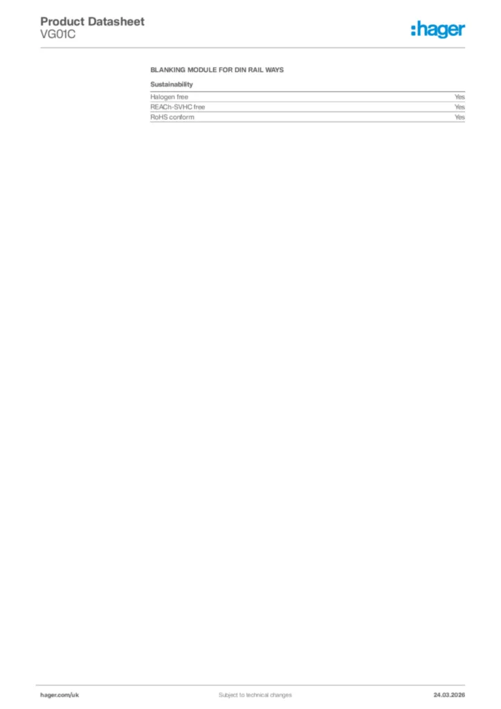 Image Hager Product data sheet VG01C  | Hager