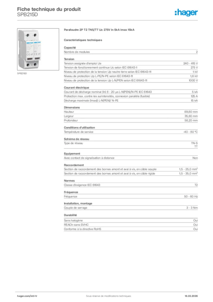 Image Hager Fiche technique du produit SPB215D | Hager Afrique