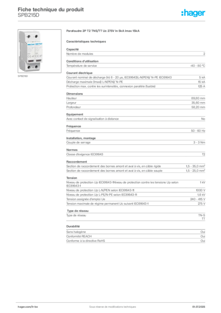 Image Hager Fiche technique du produit SPB215D | Hager Belgique
