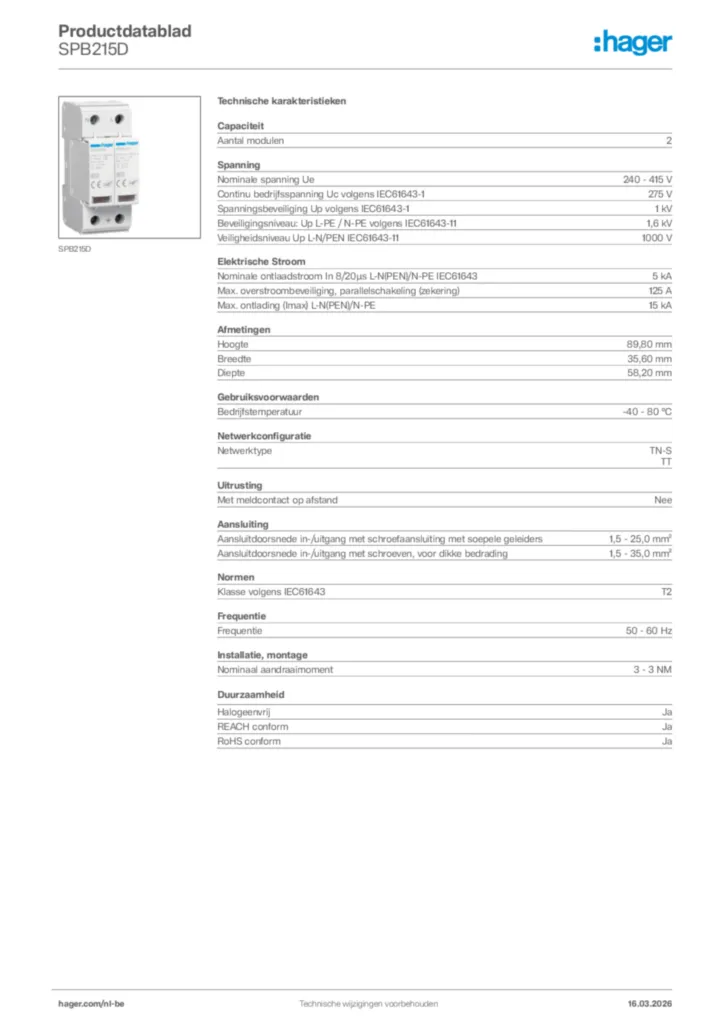 Afbeelding Hager Productdatablad SPB215D | Hager Belgium