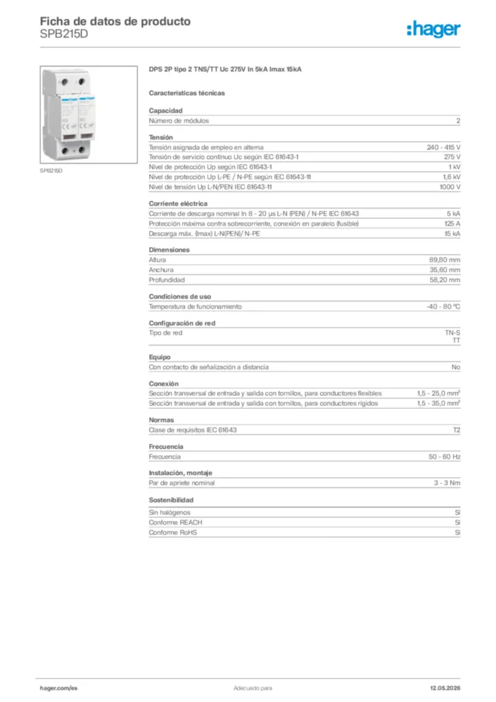 Imagen Hager Ficha de datos de producto SPB215D | Hager España