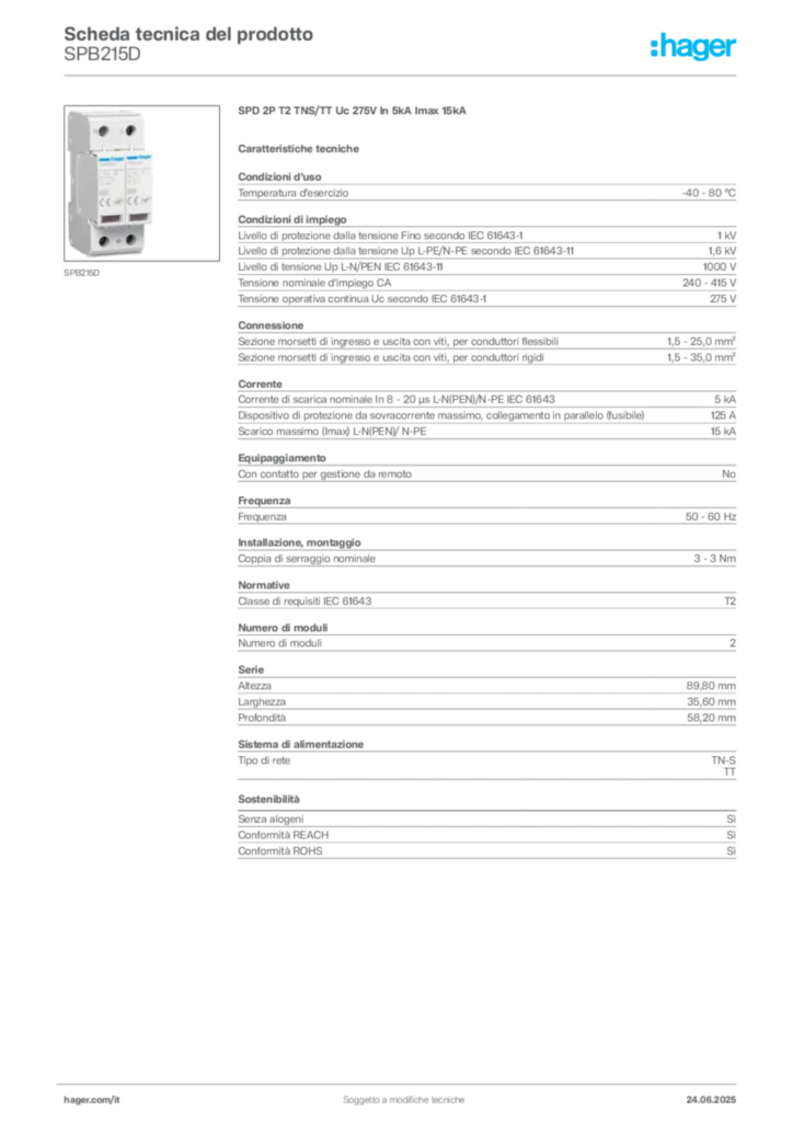 Immagine Hager Scheda tecnica del prodotto SPB215D | Hager Italia