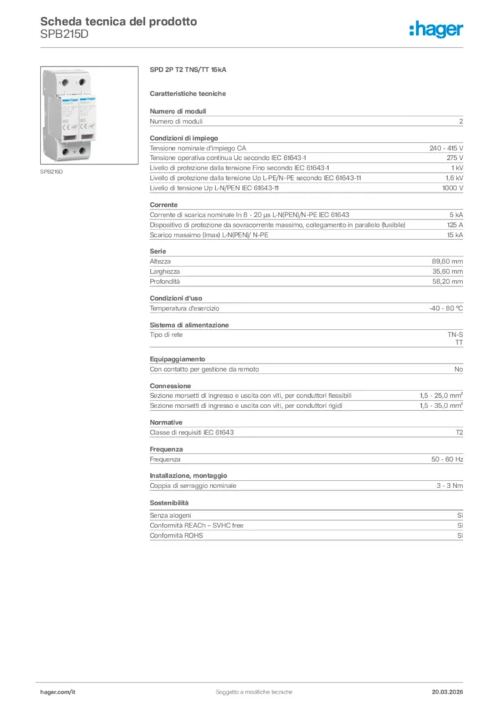 Immagine Hager Scheda tecnica del prodotto SPB215D | Hager Italia