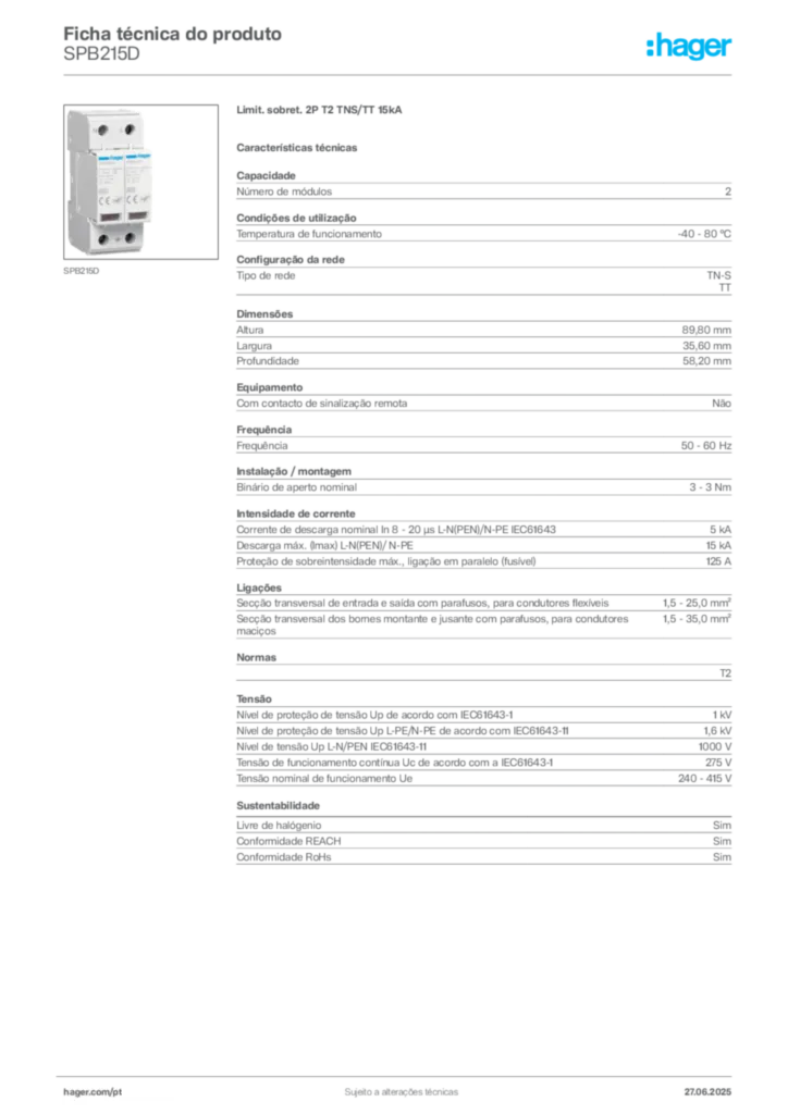 Imagem Hager Ficha técnica do produto SPB215D | Hager Portugal