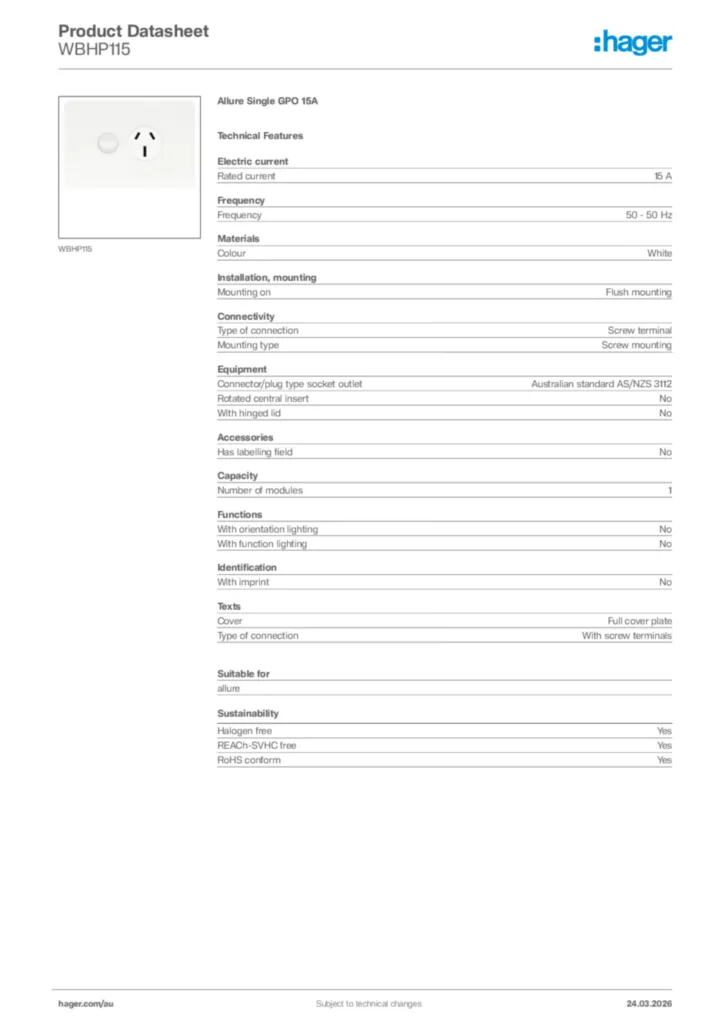 Image Hager Product data sheet WBHP115  | Hager Australia