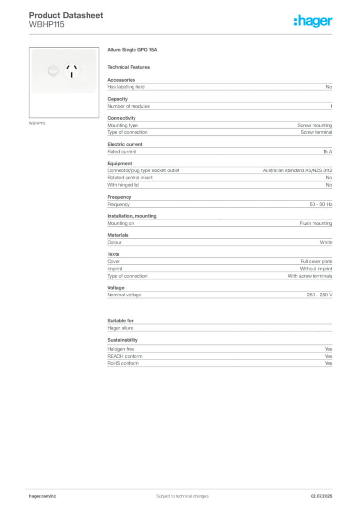 Image Hager Product data sheet WBHP115  | Hager New Zealand