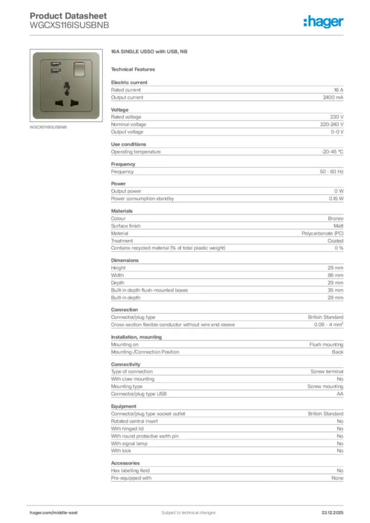 Image Hager Product data sheet WGCXS116ISUSBNB  | Hager