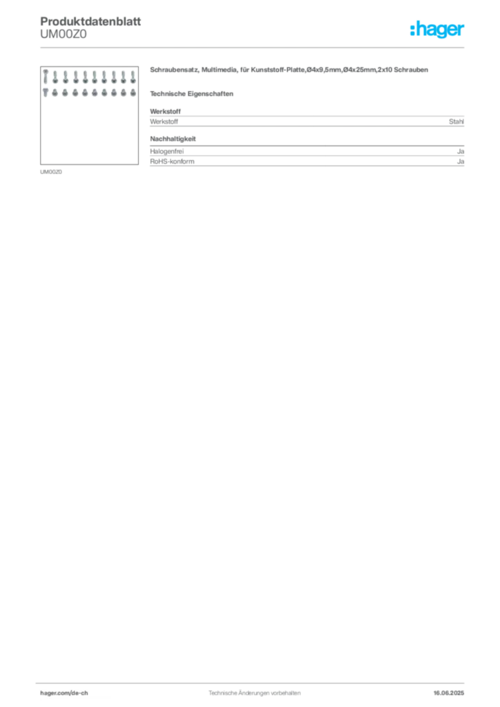 Bild Hager Produktdatenblatt UM00Z0 | Hager Schweiz
