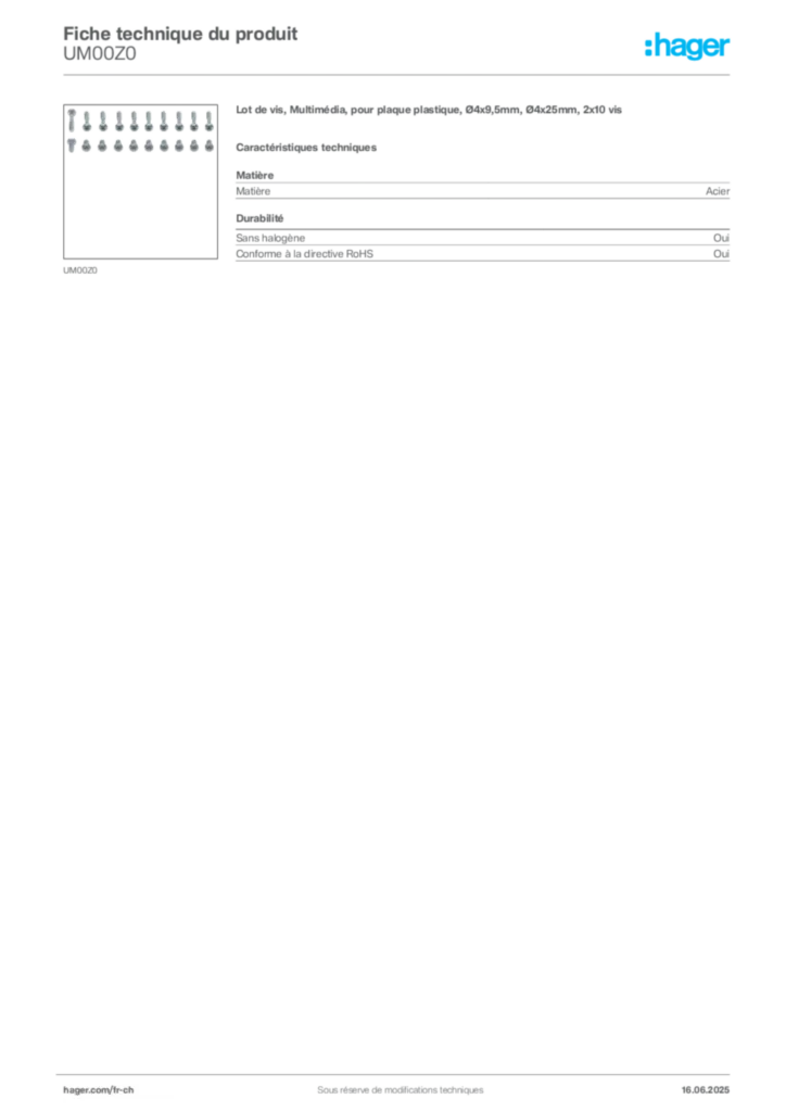 Image Hager Fiche technique du produit UM00Z0 | Hager Suisse