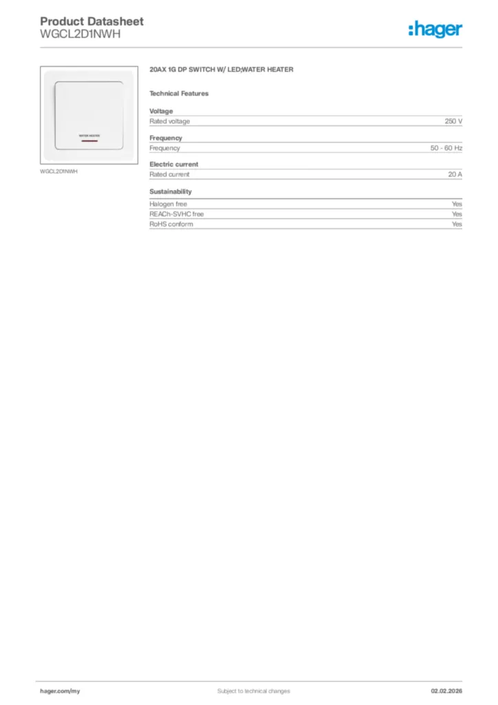 Image Hager Product data sheet WGCL2D1NWH  | Hager