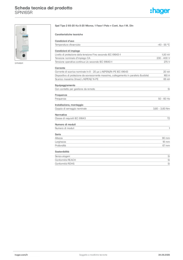 Immagine Hager Scheda tecnica del prodotto SPN165R | Hager Italia