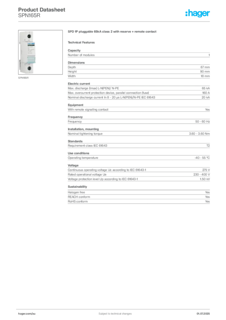 Image Hager Product data sheet SPN165R  | Hager Australia