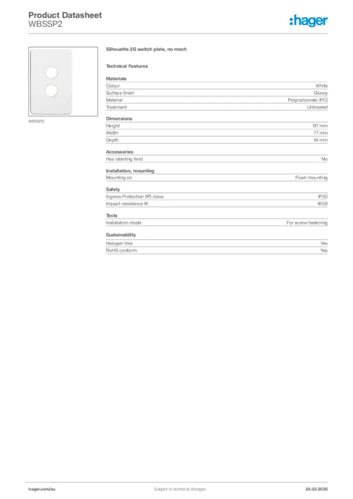 Image Hager Product data sheet WBSSP2  | Hager Australia