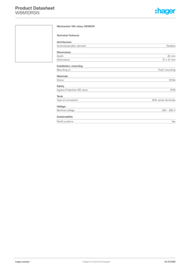 Image Hager Product data sheet WBM10RSN  | Hager Australia