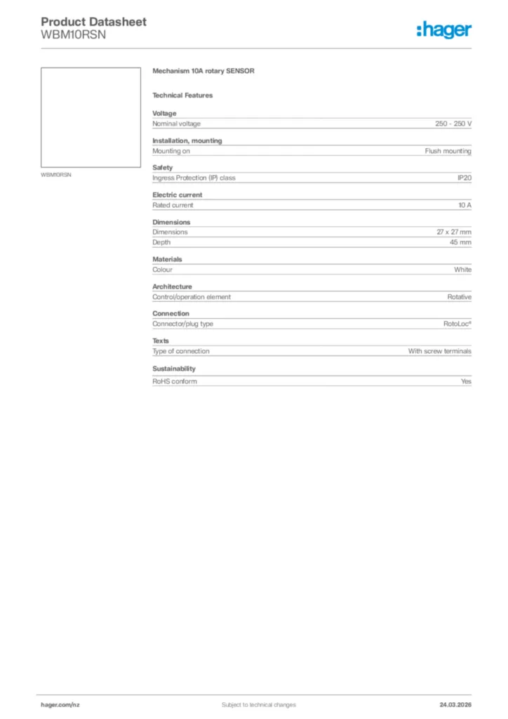 Image Hager Product data sheet WBM10RSN  | Hager New Zealand