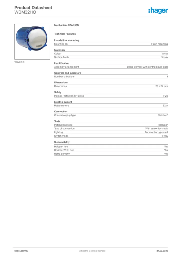 Image Hager Product data sheet WBM32HO  | Hager Australia