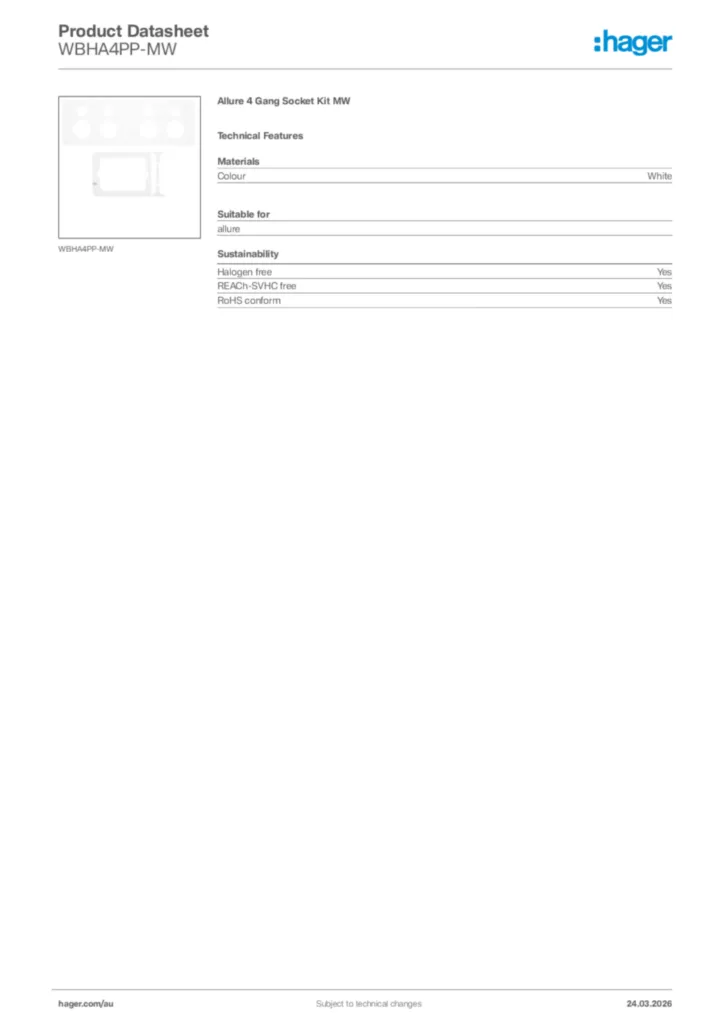 Image Hager Product data sheet WBHA4PP-MW  | Hager Australia