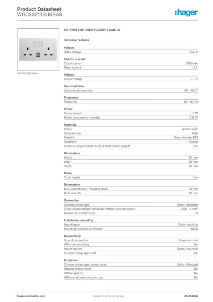 Image Hager Product data sheet WGCXS213SUSBAS  | Hager