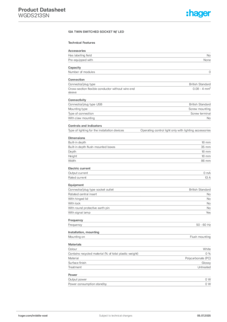 Image Hager Product data sheet WGDS213SN  | Hager