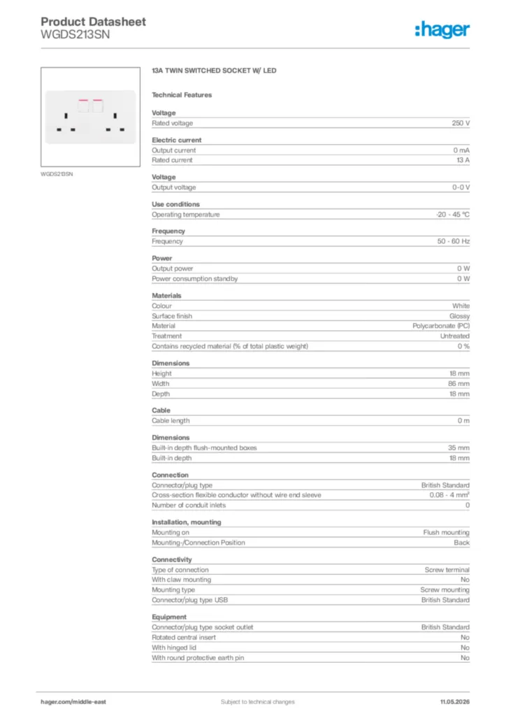 Image Hager Product data sheet WGDS213SN  | Hager