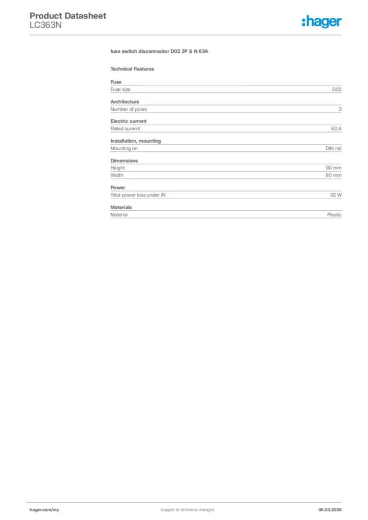 Image Hager Product data sheet LC363N  | Hager