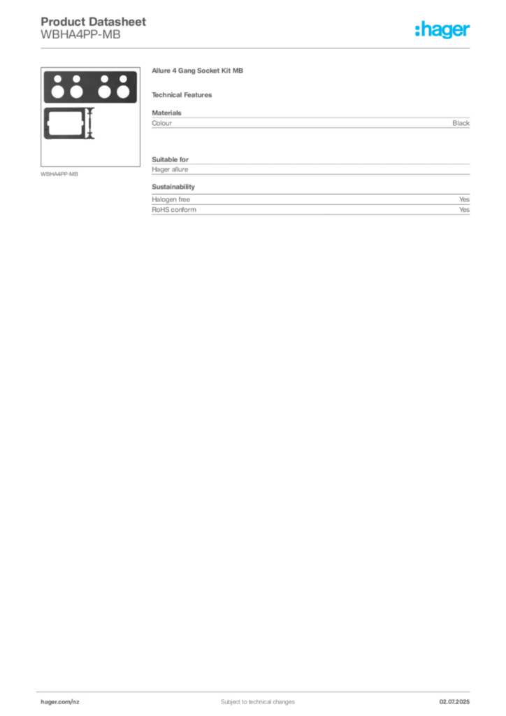 Image Hager Product data sheet WBHA4PP-MB  | Hager New Zealand