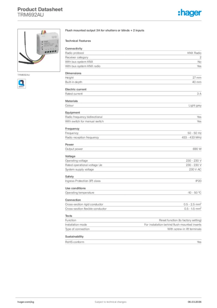 Image Hager Product data sheet TRM692AU  | Hager