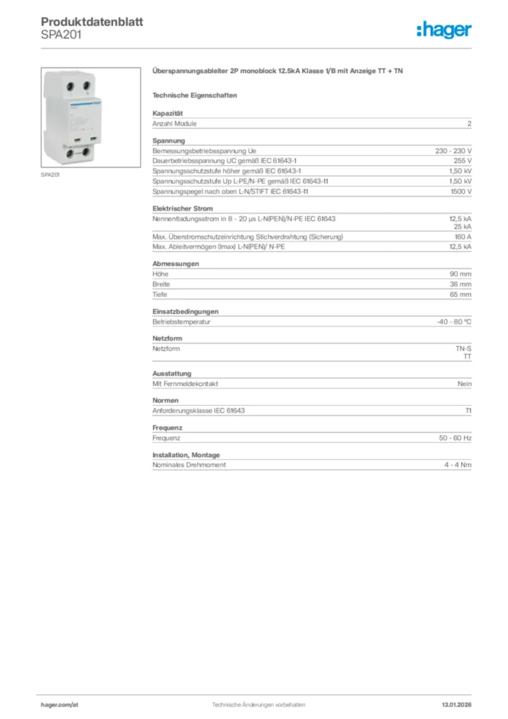 Bild Hager Produktdatenblatt SPA201 | Hager Deutschland