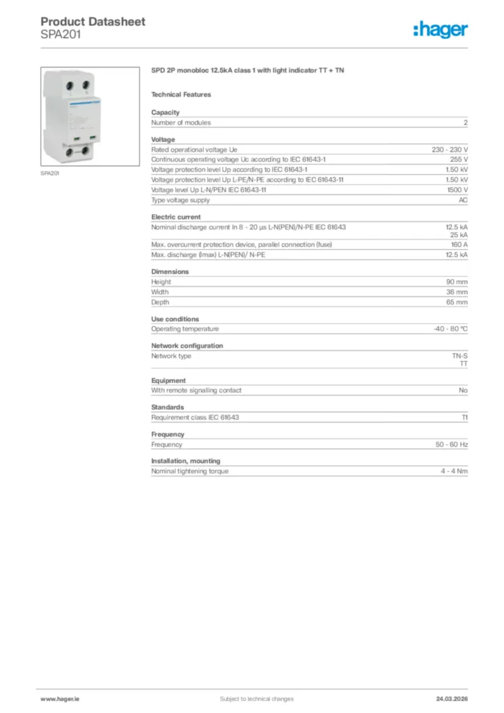 Image Hager Product data sheet SPA201  | Hager