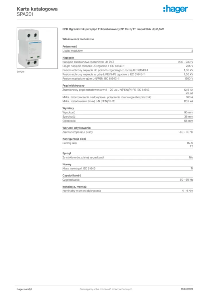 Zdjęcie Hager Karta katalogowa SPA201 | Hager Polska