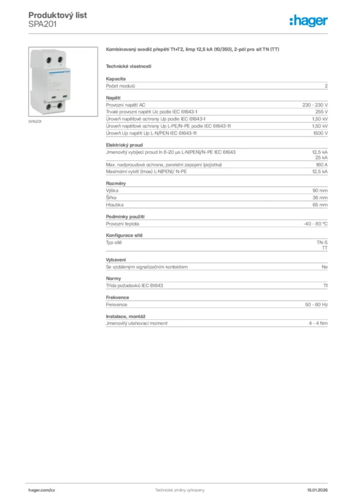 Obrázek Hager Product data sheet SPA201 | Hager