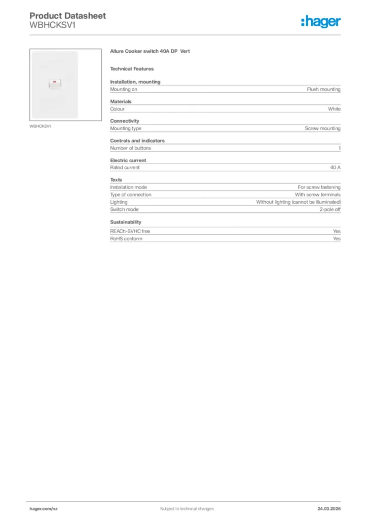 Image Hager Product data sheet WBHCKSV1  | Hager New Zealand