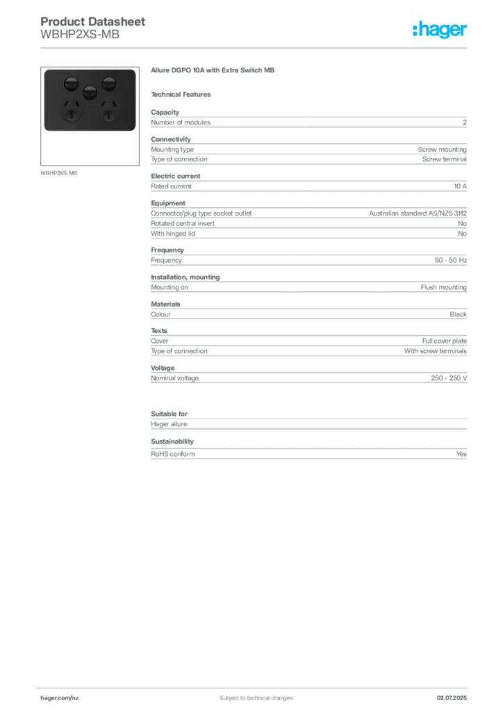 Image Hager Product data sheet WBHP2XS-MB  | Hager New Zealand