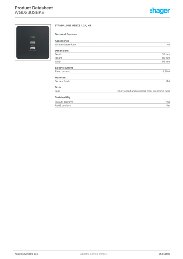 Image Hager Product data sheet WGDS3USBKB  | Hager