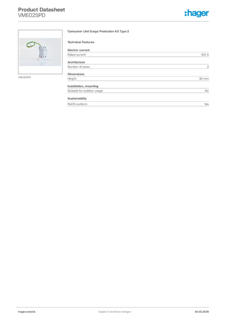 Image Hager Product data sheet VME02SPD  | Hager