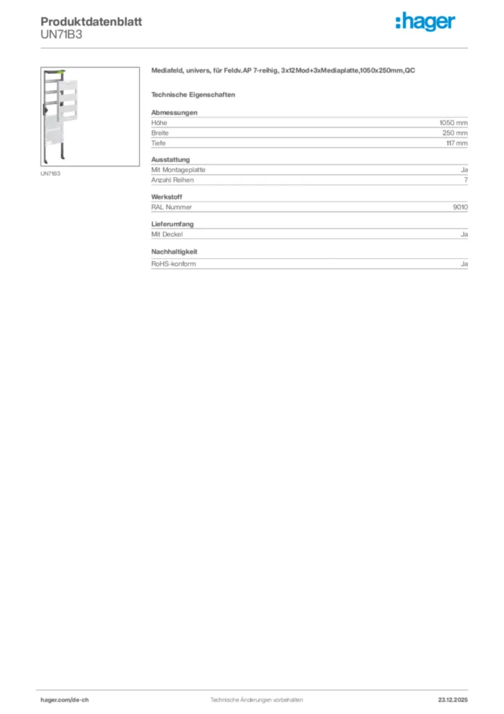 Bild Hager Produktdatenblatt UN71B3 | Hager Schweiz