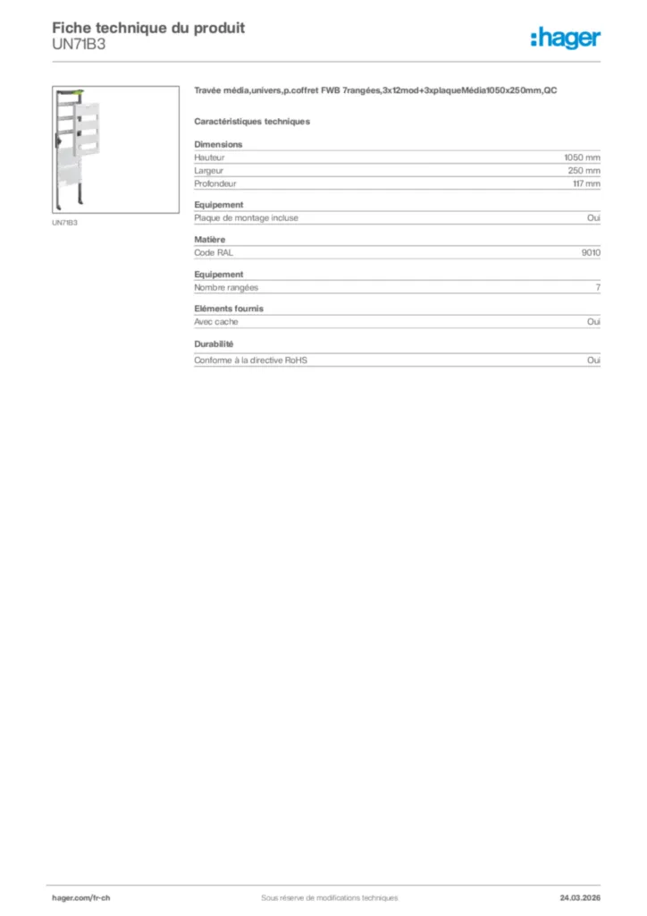 Image Hager Fiche technique du produit UN71B3 | Hager Suisse