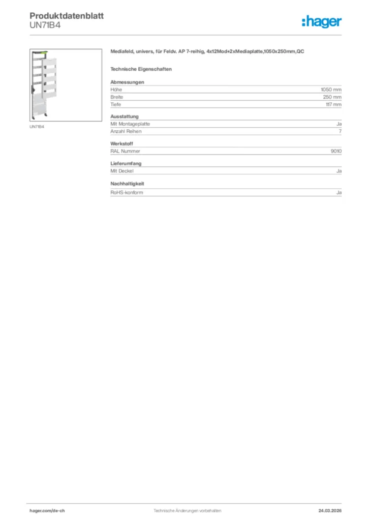 Bild Hager Produktdatenblatt UN71B4 | Hager Schweiz