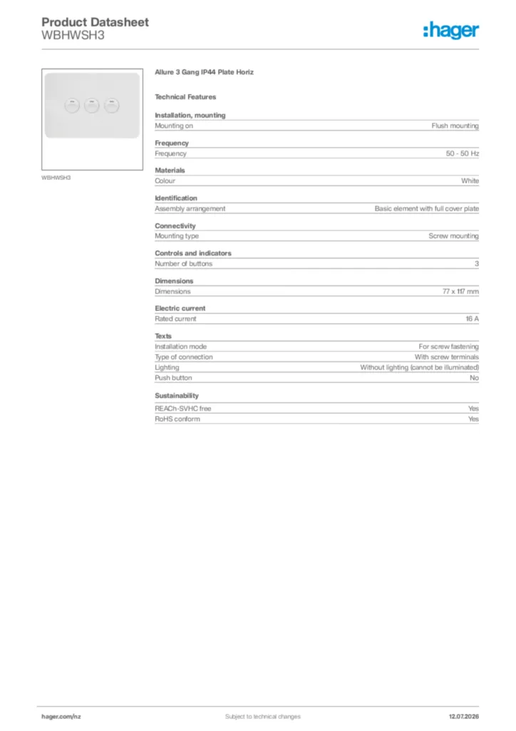 Image Hager Product data sheet WBHWSH3  | Hager New Zealand