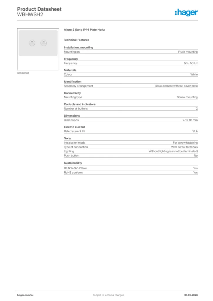 Image Hager Product data sheet WBHWSH2  | Hager Australia