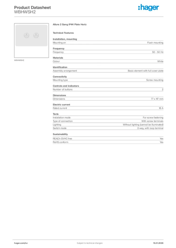 Image Hager Product data sheet WBHWSH2  | Hager New Zealand