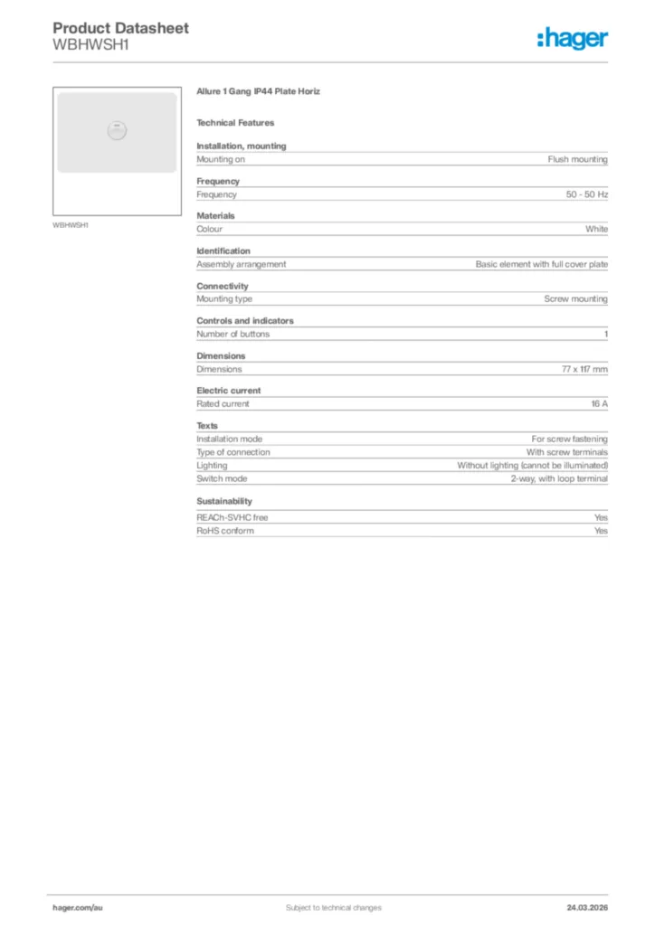 Image Hager Product data sheet WBHWSH1  | Hager Australia
