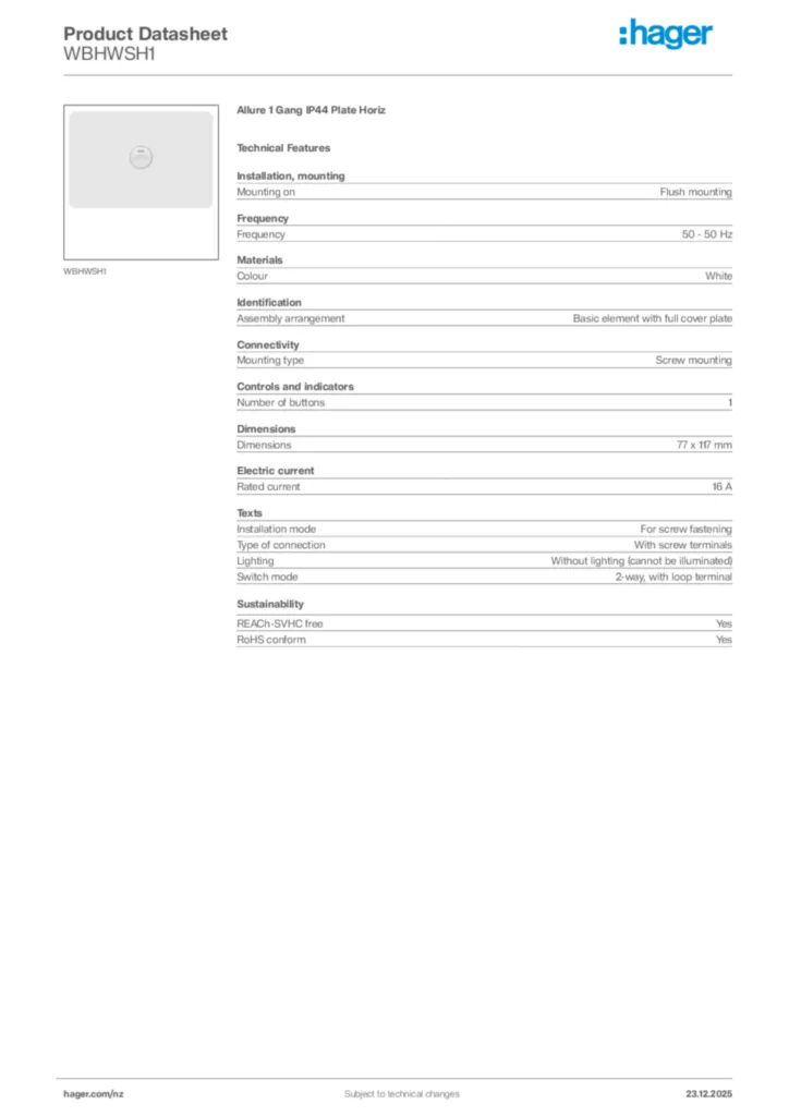 Image Hager Product data sheet WBHWSH1  | Hager New Zealand
