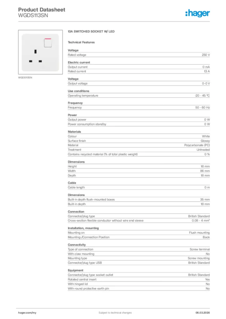 Image Hager Product data sheet WGDS113SN  | Hager
