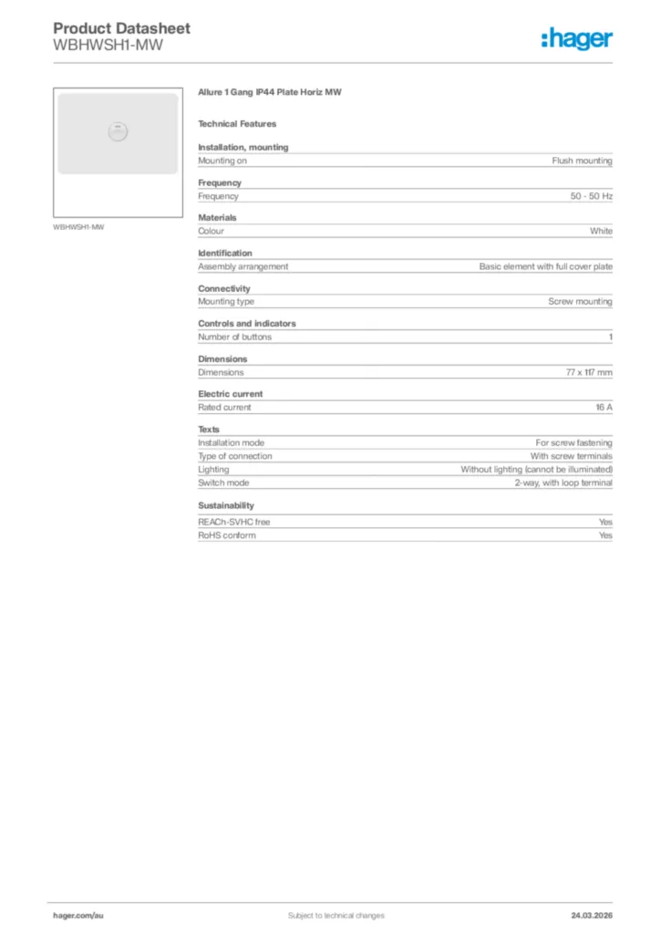 Image Hager Product data sheet WBHWSH1-MW  | Hager Australia