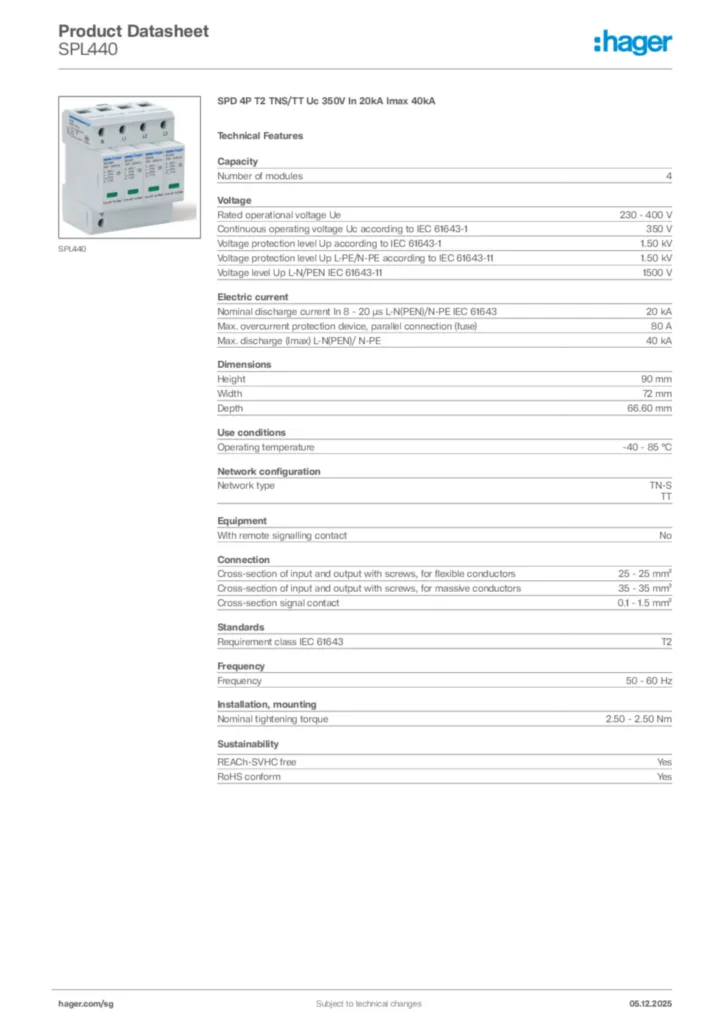 Image Hager Product data sheet SPL440  | Hager