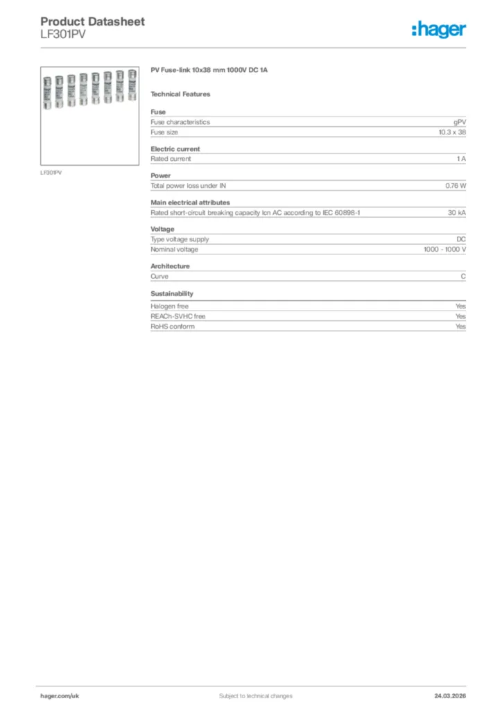 Image Hager Product data sheet LF301PV  | Hager