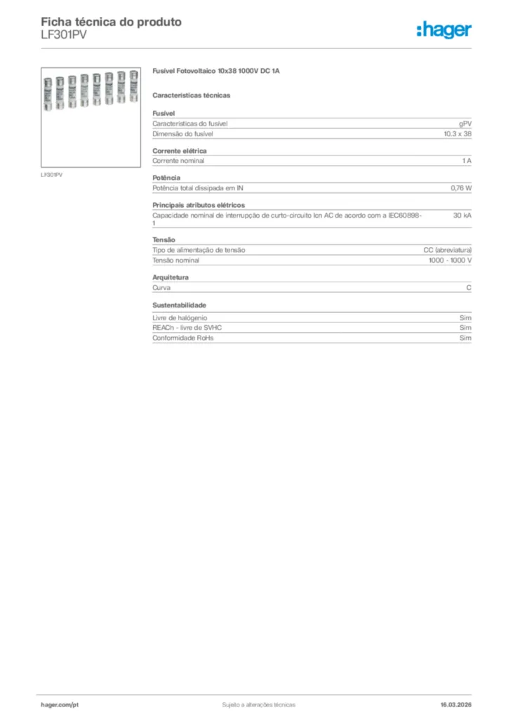 Imagem Hager Ficha técnica do produto LF301PV | Hager Portugal