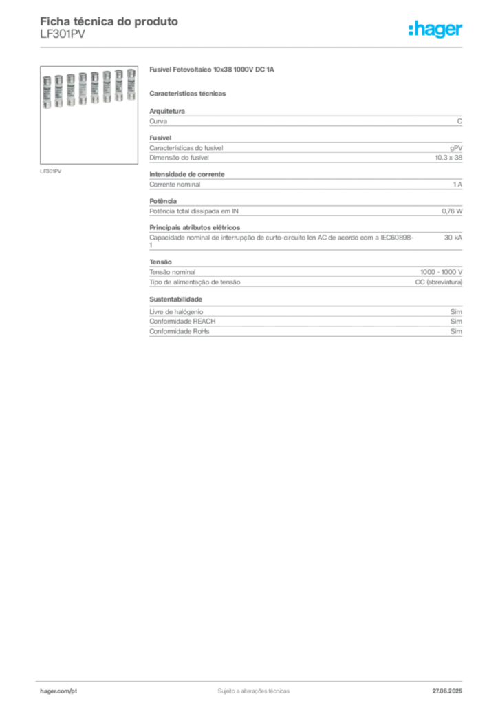 Imagem Hager Ficha técnica do produto LF301PV | Hager Portugal