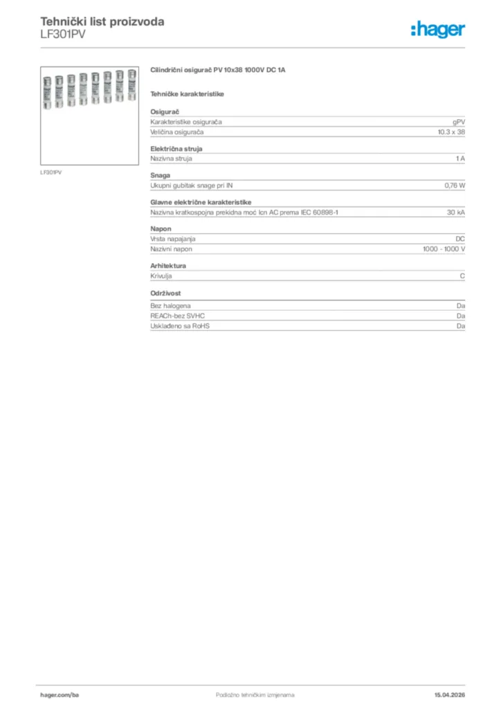 Slika Hager Tehnički list proizvoda LF301PV  | Hager